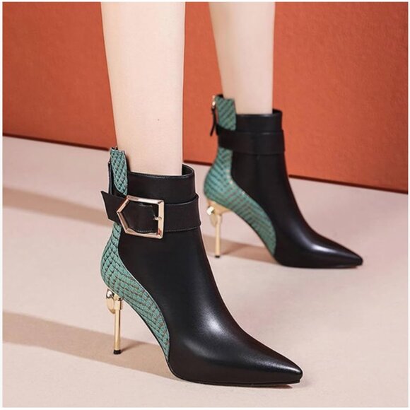 Women's Stiletto Ankle Color Block Turquoise/Black Boots NWOT - Picture 3 of 5